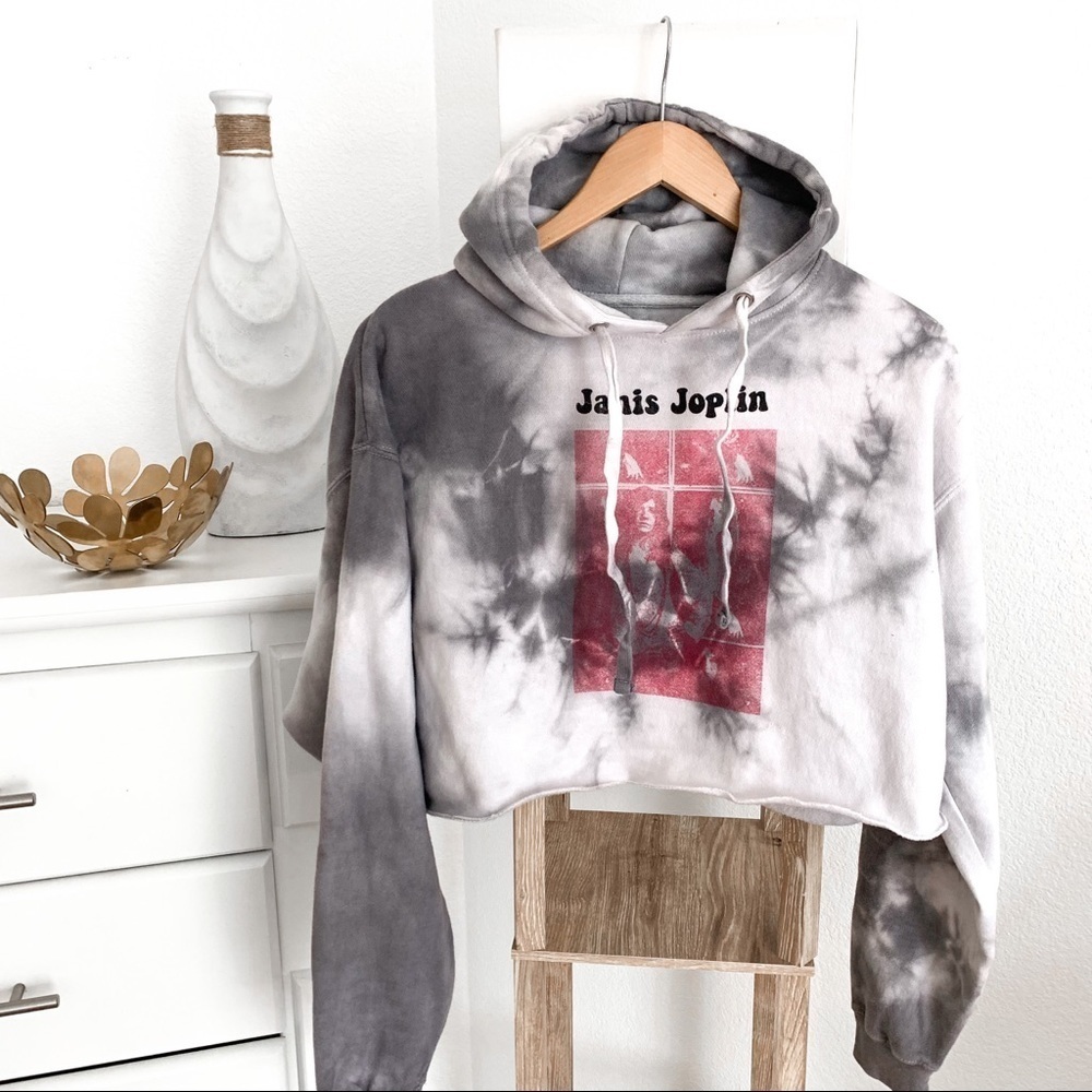 Janis Joplin Crop Hoodie Gray Tie Dye Red Logo Women's Size M/L